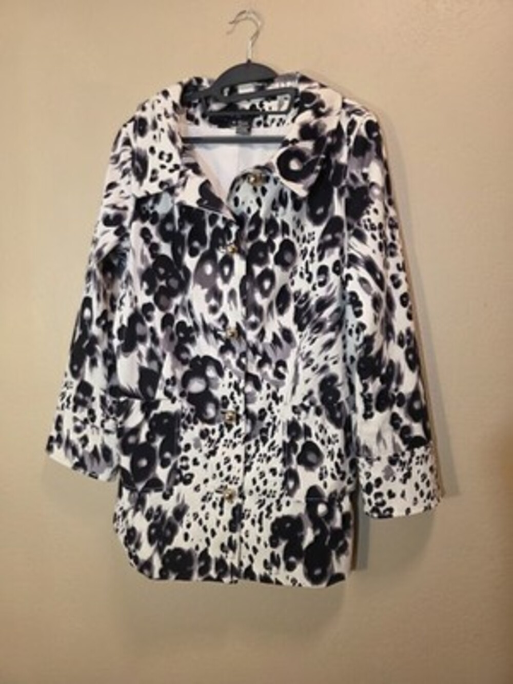 Etcetera Animal Print Mid-Length Jacket Black White Gold Buttons Pockets Size 16